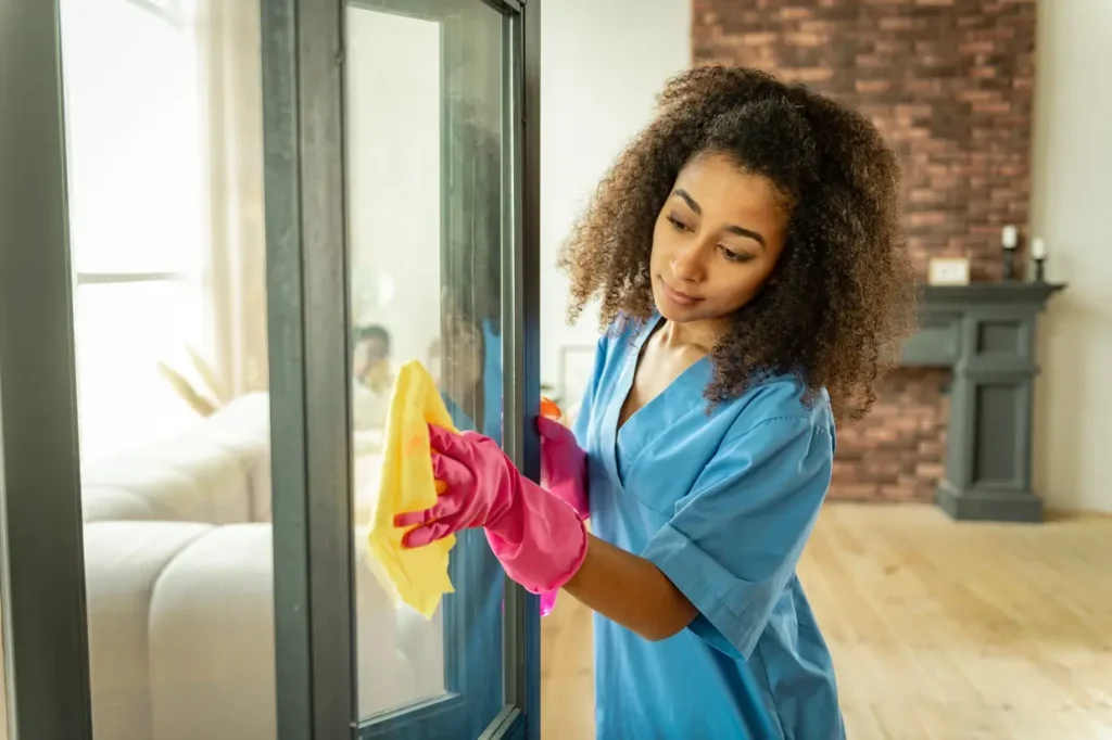 Nurse cleaning windows